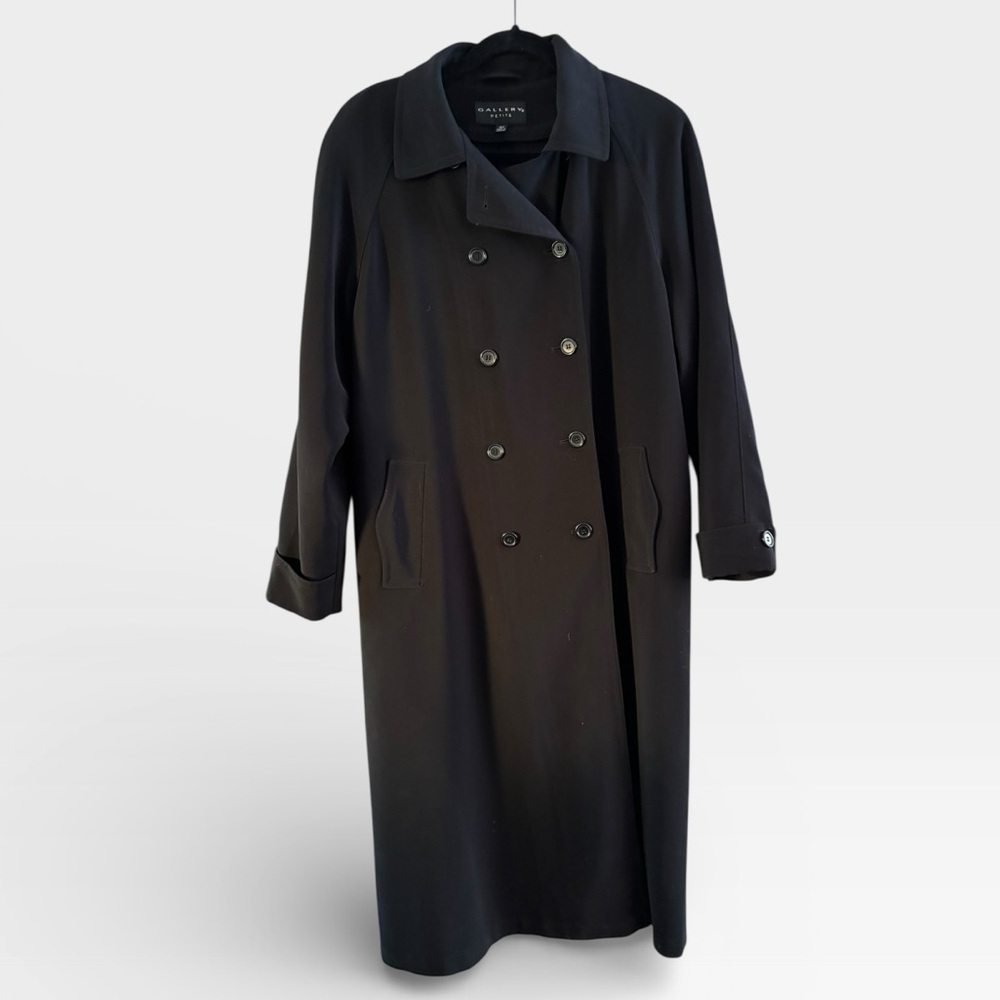 Vintage Gallery Long Black Classic Double Breasted Capsule Trench Coat Size 16P - Picture 2 of 11